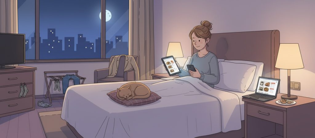 firefly gemini flash genarate an image of a hotel guest ordering room service from their hotel room. the u 623405