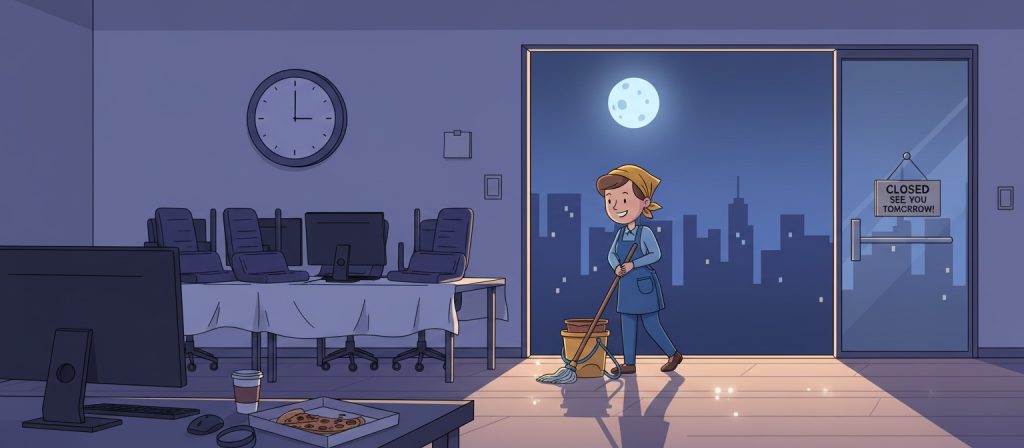 firefly gemini flash generate an image of an office that is currently closed out of hours and a cleaner is 623405