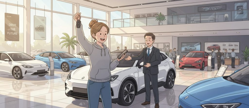 firefly geminiflash generate an image of a lady buying a new car. the showroom is busy and it is daytime 623405