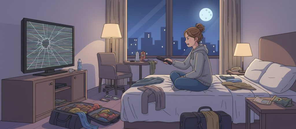 firefly geminiflash generate an image of a lady in a hotel room. the television is broken and there are c 623405