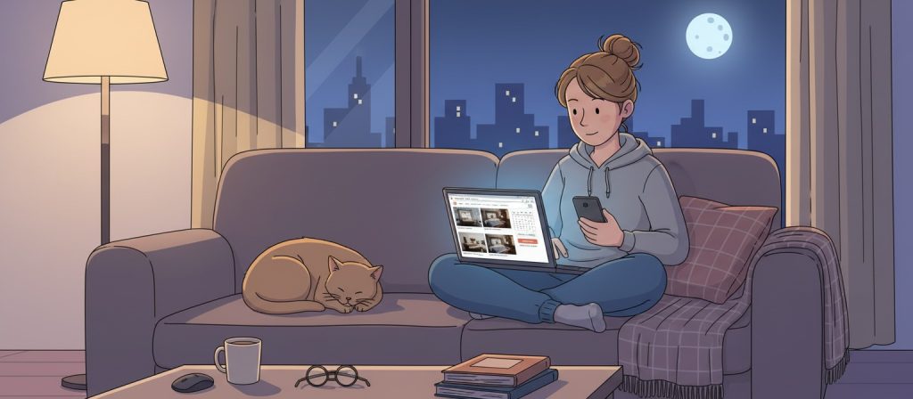 firefly generate an image of a perrson at home booking a hotel room 623405