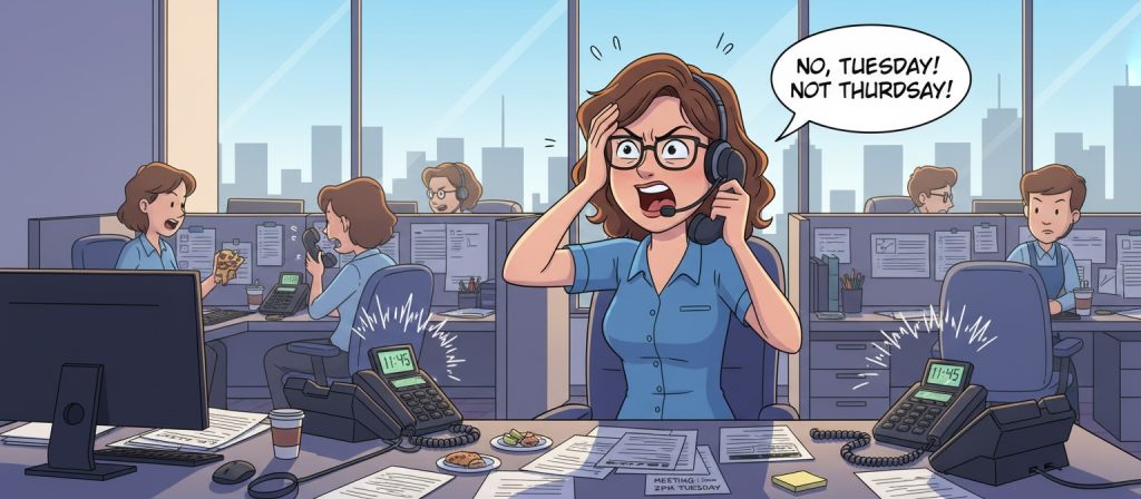 firefly generate an image of a telephone operator taking lots of calls and being frustrated w 623405