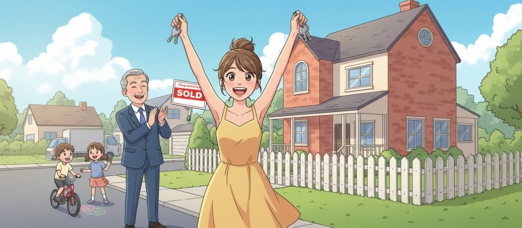 firefly generate an image of a young lady buying her first house. it is bright and sunny outs 623405